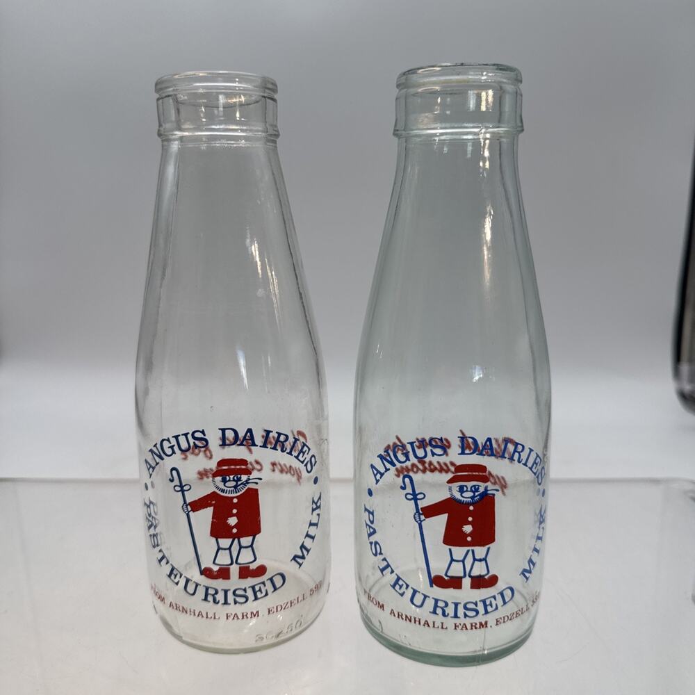 2 ANGUS DAIRIES 8 1/2" Clear Glass Milk Bottle From Arnhall Farm Edzell Scotland